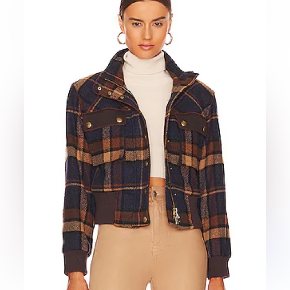 Veronica Beard Navy & Brown Plaid Bomber Jacket